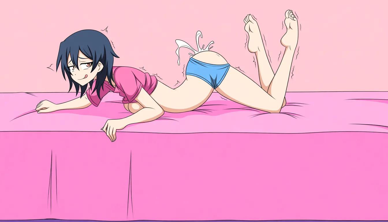 A slim girl wearing a pink shirt with blue bootyshorts on a pink bed bent over on the edge of the bed looking behind her shoulder with her tongue out getting fucked deep and hard in her asshole getting filled with cum from behind with her legs shaking
