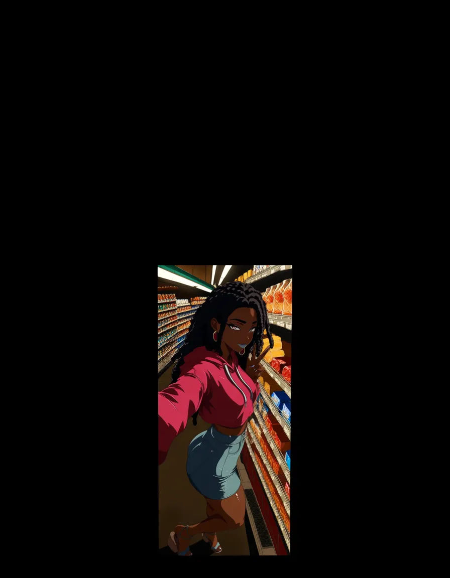 masterpiece, best quality, dark dark-skinned_female, grey lipstick, medium height, sandals, short skirt, skirt_lift ,puffy_sleeves, hoodie, long legs, full_body, feet, shiny_skin, round ass, ass_visible_through_thighs, curly_hair, long_hair, dreadlocks, hair_ornament , black hair, heart-shaped_pupils, teasing viewer, feet_lift, leg_lift, cock in face, pov, outdoors, grocery store, evening time, dim lighting, hentai_studio_quality, selfie, hentai_studio_quality, (anime style:1.3), 2d, anime screencap, cel shading, flat color, @00osamio00, (anime style:1.3), 2d, anime screencap, cel shading, flat color, @00osamio00, score_9, score_8, 3d render, octane render, subsurface scattering, ray tracing, smooth shading, score_9, score_8, 3d render, octane render, subsurface scattering, ray tracing, smooth shading, (anime style:1.3), 2d, anime screencap, cel shading, flat color
