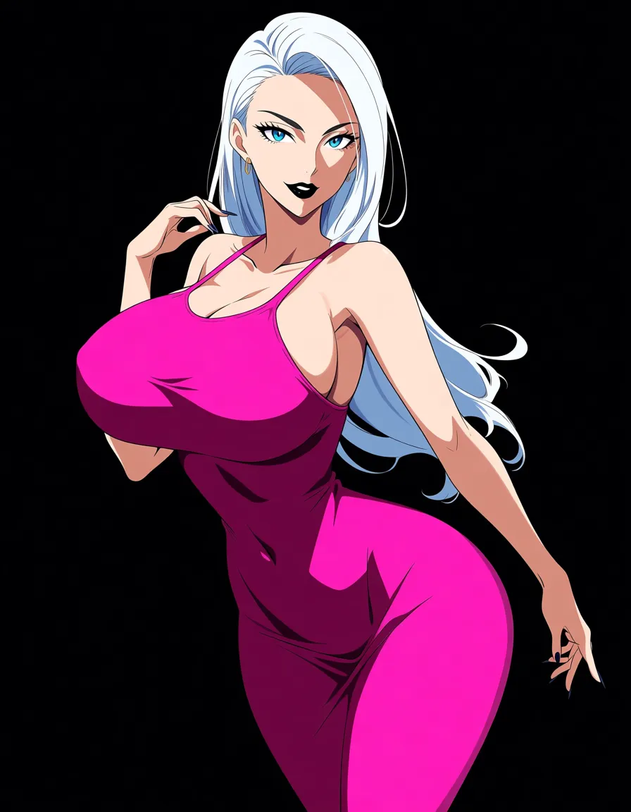 Sexy queen, big breasts, wide hips and a curvy body, white long hair and blue eyes, black lipstick, dress tight against her curves, hentai_studio_quality