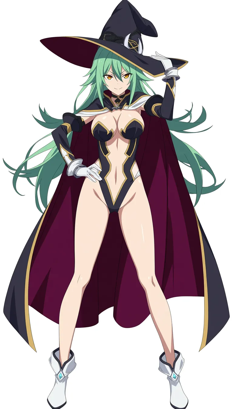 highly detailed, sharp, witch, presenting, white footwear, green hair, white background, manga panel look, (anime style:1.3), 2d, anime screencap, cel shading, flat color