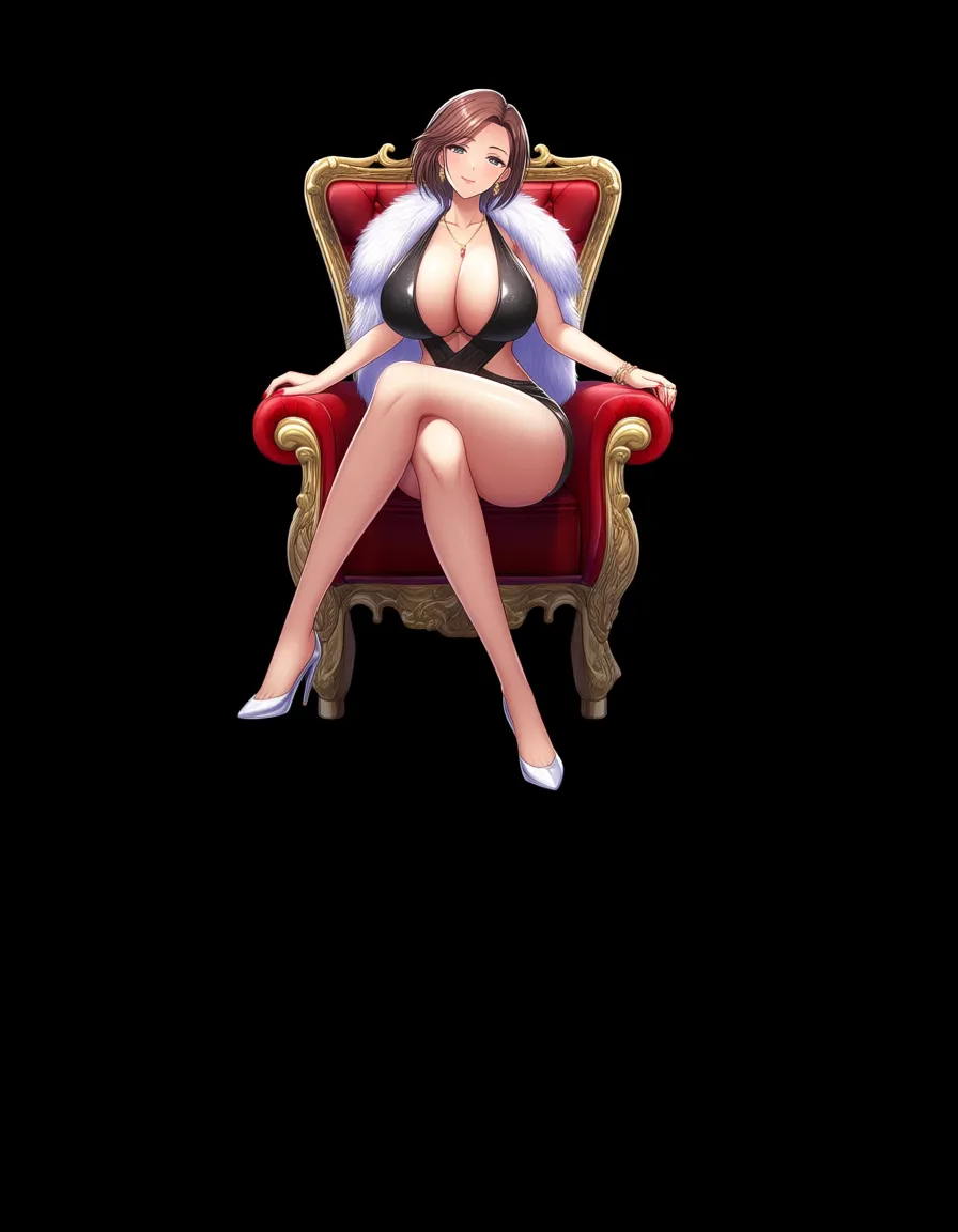 (hot busty beauty girl), 24yo supermodel LUC1LL3, short stylish hair, beauty face, huge breasts, sit seductive on a throne, fur coat, jewelry, romantic gaze, dynamic pose, sexy environment, hentai_studio_quality