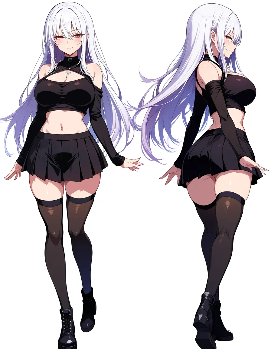 masterpiece, profile , white hair, standing, pretty body, full_body , from_behind, spread_arms , long_hair, doujin style,1girl, open_arms, gothic girl, crop top blach, pleated skirt, skirt, thighhighs , long hair, smile, walking, cute half-closed_eyes, hentai_studio_quality