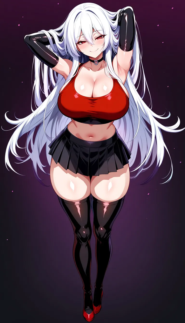masterpiece, profile , white hair, standing, pretty body, full_body, long_hair, doujin style, gothic girl, tank top , crop top, pleated skirt, skirt black, thighhighs , large_breasts , long hair, smile, sleeveless top, cute half-closed_eyes, seductive_smile, long gloves,solo girl, front view, chocker, hentai_studio_quality, from_below, skirt_lift , arms in hair, hentai_studio_quality, hentai_studio_quality