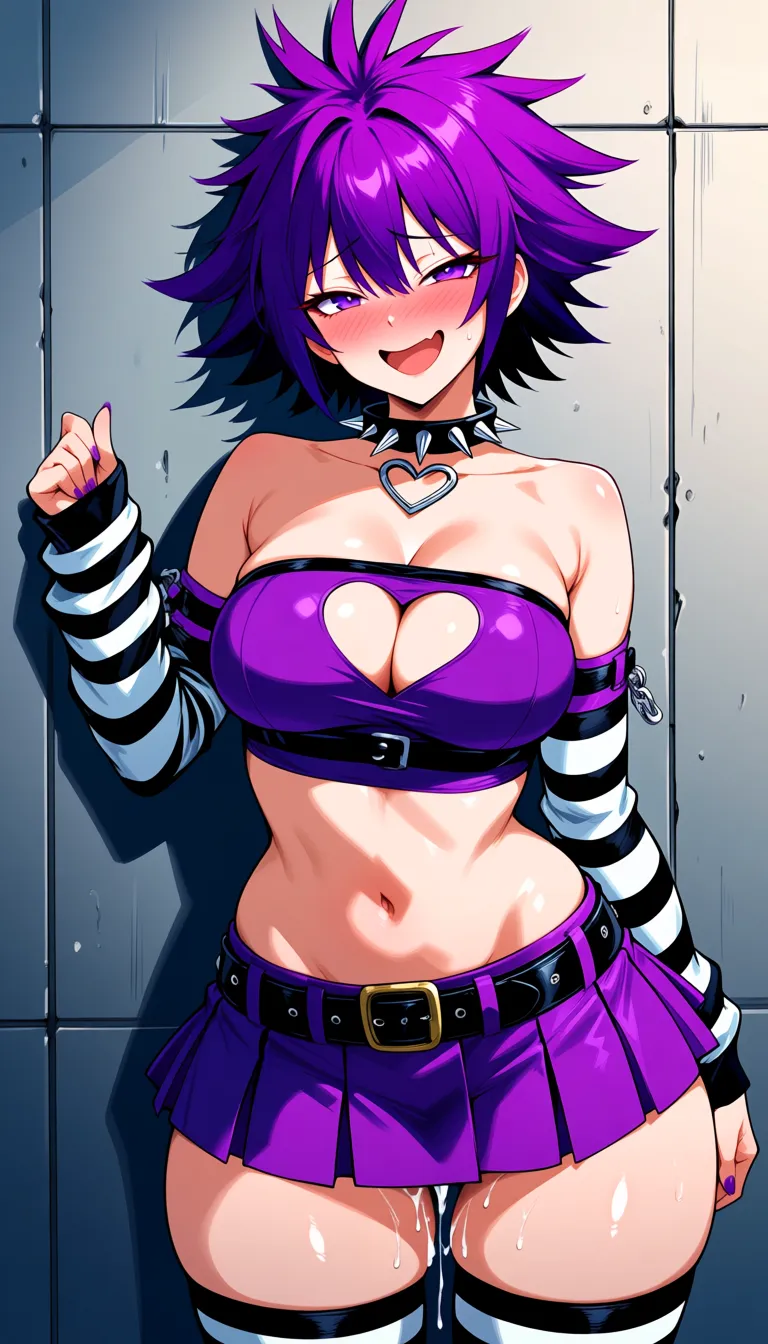 Purple-haired anime girl, short spiky bob, purple eyes, black spiked collar, large_breasts , purple heart-cutout tube top, purple pleated mini skirt with belt, black-and-white striped arm warmers and thigh highs, curvy body, anime style, beauty illumination, fuck, open legs, smile, embarrassed, fucking,, hentai_studio_quality