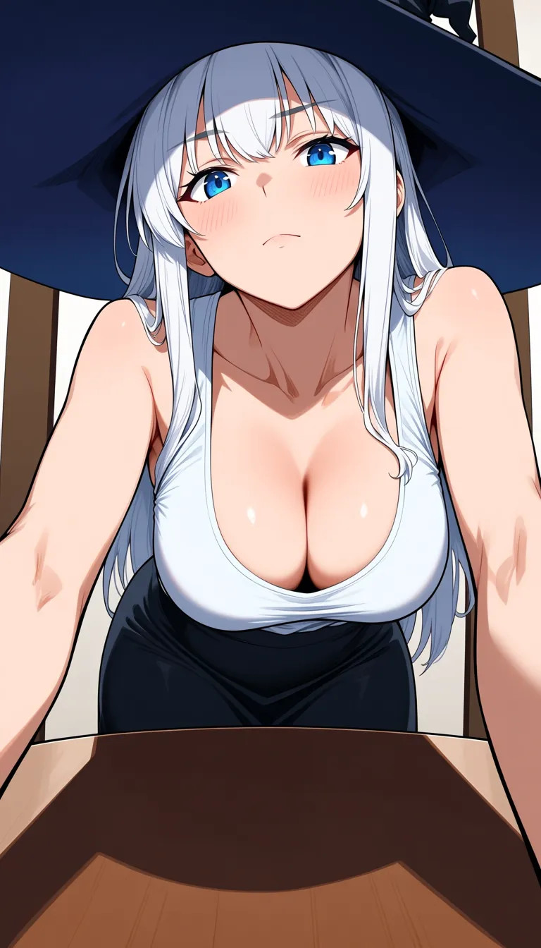 masterpiece, clean art, leaning_forward, underblouse, tank_top, long hair, white hair, large_breasts, perspective, dubious expression, skirt, table, witch_hat, hentai_studio_quality, hentai_studio_quality