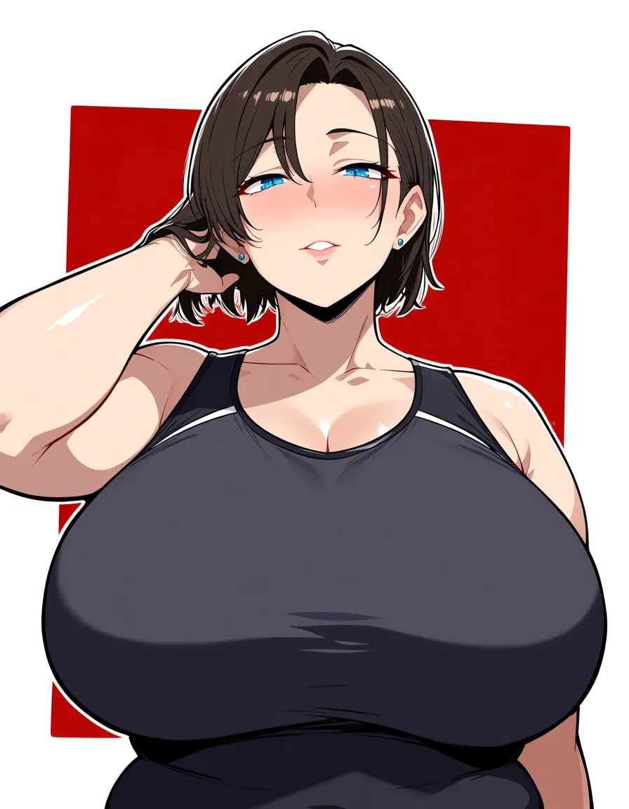 mature_female short_hair plump large_breasts wide_hips fat, half-closed_eyes sportswear, hentai_studio_quality buzz_cut, hentai_studio_quality