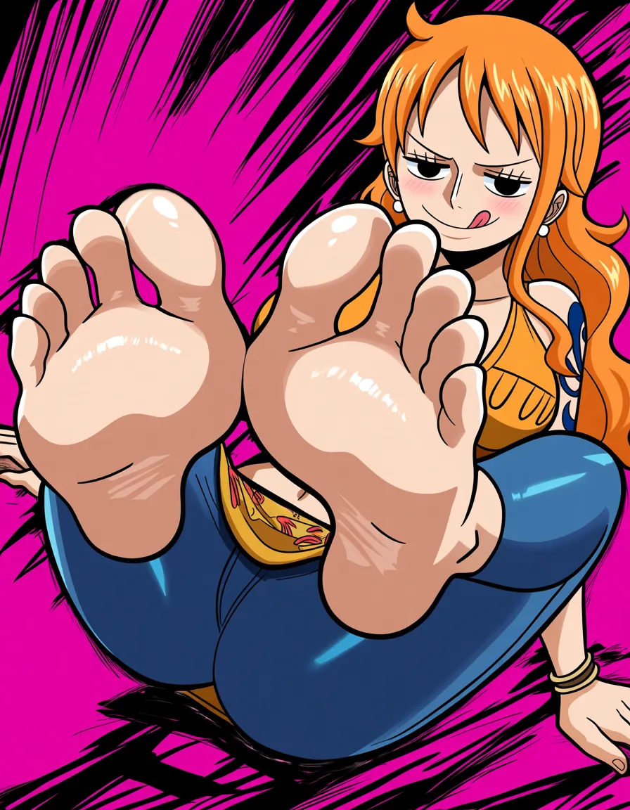 Nami from one piece soles in missionary, eyes crossed, tongue out, hentai_studio_quality