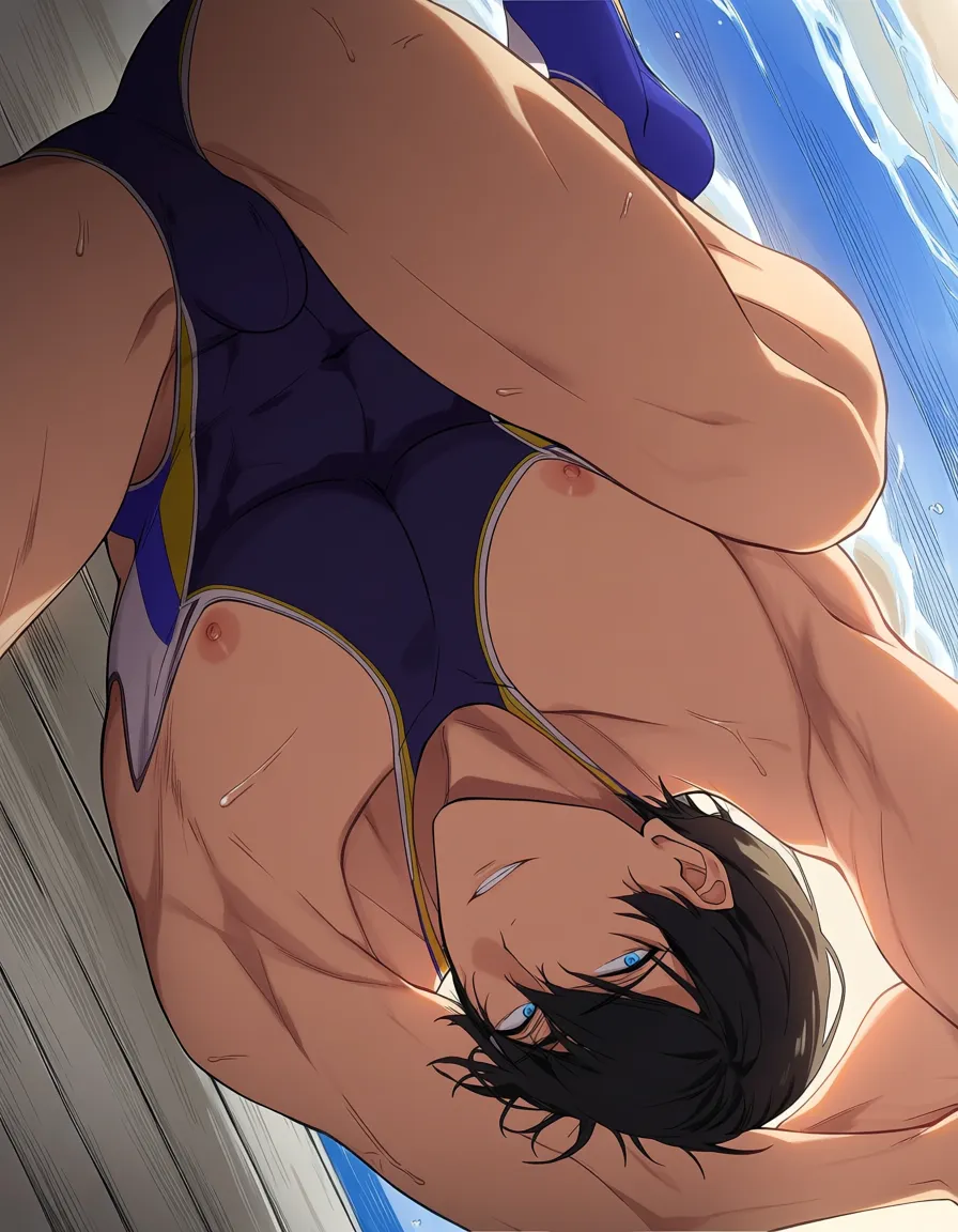 masterpiece, fine detail, 1boy, swimsuit, 69 position, visual novel art, hentai_studio_quality