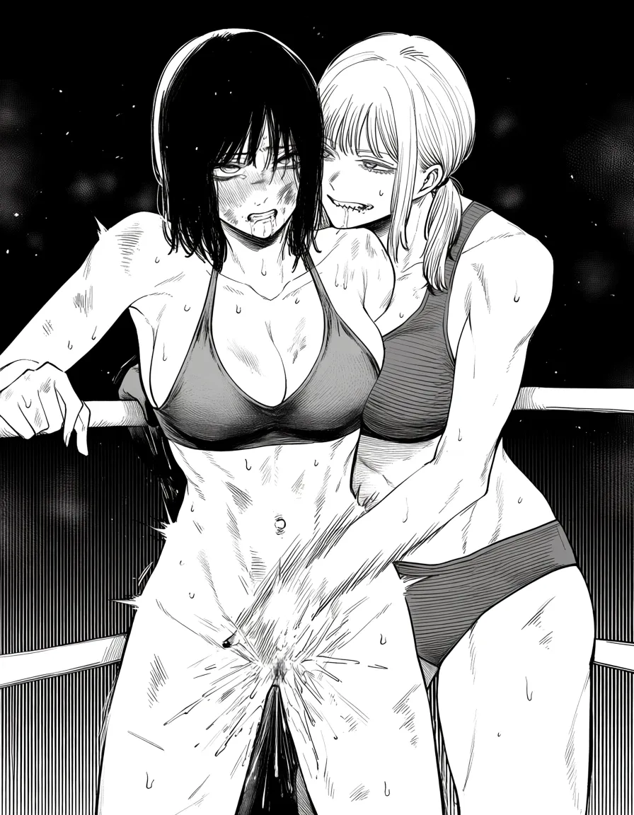 @matsumoto_rangiku , @makima_(chainsaw_man) , 2girls yuri sex , wrestling_ring, wrestling orgasm pussy_juice, defeated, squirting , bruised, sex_from_behind fingering ahegao, biting scratches,, hentai_studio_quality
