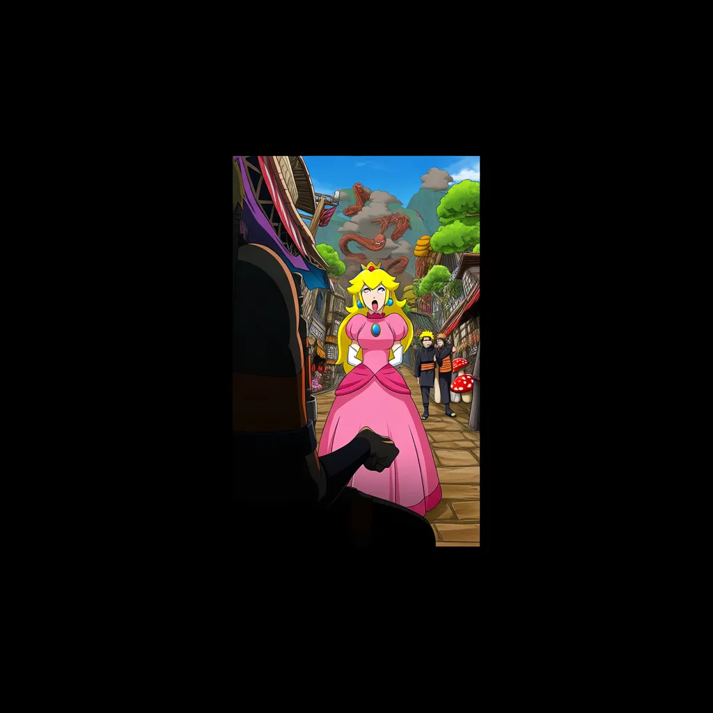 Naruto Uzumaki, evil smile, Princess Peach, nude, ,sex_from_behind, ahegao, pillory, street, mushroom Village, public_indecency, hentai_studio_quality