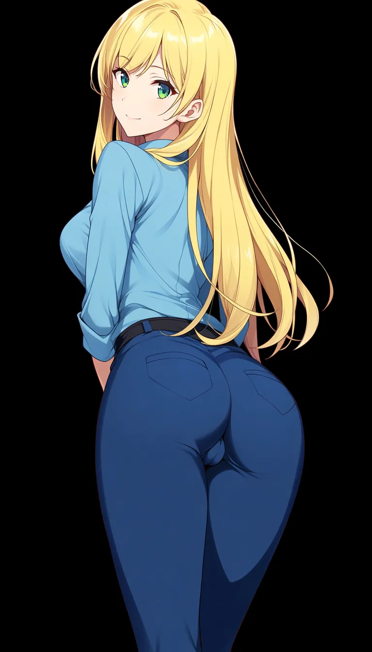 3. no bad drawing. single frame, professional art, shirt visible, Masterpiece, natural perky medium ass, natural perky medium breasts, , look at viewer,1 girl, forest background, With Long blonde hair, blue and green eyes, from behind, standING, legs together, blue pants, blue unbuttoned shirt, cameltoe, soft smile ... single continuous shot, full widescreen view, one single image, uninterrupted scene, no borders, no panels, wide angle cinematic photograph, single perspective, edge-to-edge frame., hentai_studio_quality, hentai_studio_quality, hentai_studio_quality, hentai_studio_quality