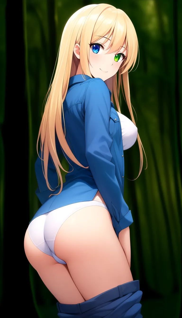 3 no bad drawing. single frame,  professional , heterochromia, art, shirt visible, Masterpiece, natural perky medium  ass,  natural perky medium breasts, , look at viewer,1 girl, forest background,  With Long blonde hair, blue and green eyes, from behind, standING, legs together, blue pants down, panties, blue unbuttoned shirt, cameltoe, soft smile ... single continuous shot, full widescreen view, one single image, uninterrupted scene, no borders, no panels, wide angle cinematic photograph, single perspective, edge-to-edge frame.,, hentai_studio_quality