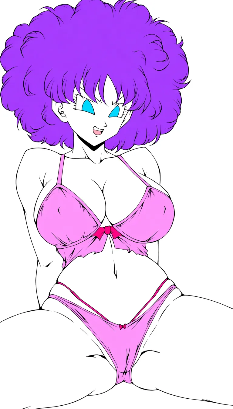 purple hair, light blue eyes afro hair girl wearing pink lingerie spreading legs vaginal sex, classic dragon ball  art style.