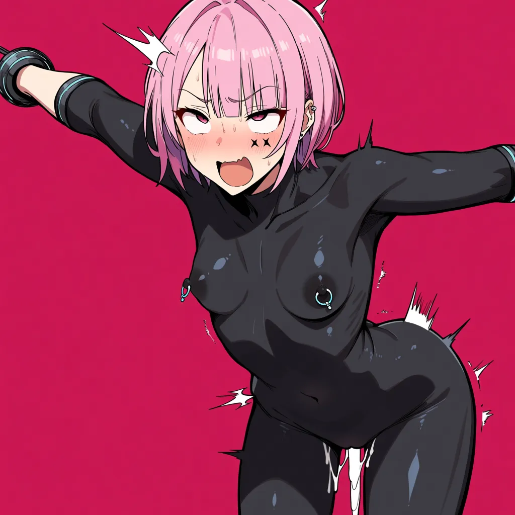 Ahegao dark_skin dark_nipple sweat cum_in_pussy short_hair pink_hair nipple_piercing arm_tattoo facial_tattoo facial_mark arm_tattoo chest_tattoo nipple_stimulation, hentai_studio_quality