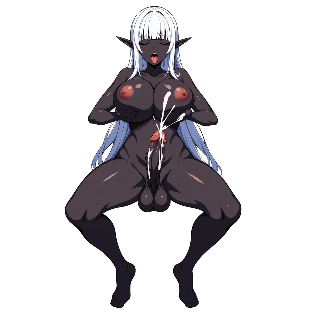 1girl, breasts, pointy ears, solo, penis, cum sprinkling out from penis, breasts, long hair, black skin, large breasts, nipples, navel, colored skin, elf, white background, dark elf, white hair, cleavage, hime cut, tongue, erection, grabbing own breast, open mouth, closed eyes, futanari, uncensored, full body, sitting on invisible_chair, thighs, front view, looking at viewers, hentai_studio_quality