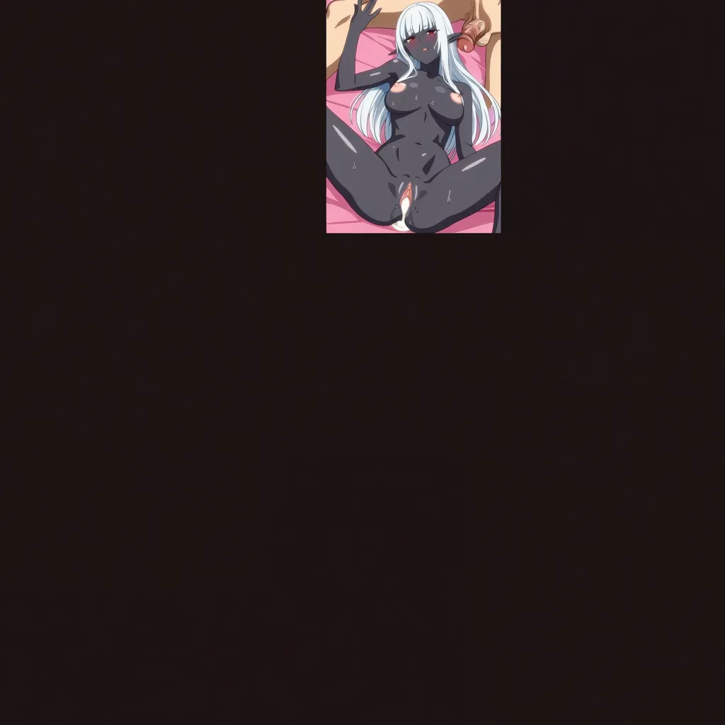1girl, breasts, uncensored, hetero, penis, 1boy, cum, black_skin, long_hair, red_eyes, black-skinned_female, elf, pointy_ears, cum_in_pussy, nipples, completely_nude, naked, pussy, nude, white_hair, blunt_bangs, hime_cut, spread_legs, soli, solo_focus, after_sex, lying, sweat, on_back, anus, cumdrip, navel, light areolae, shiny skin, parted_lips, blush, cum_in_pussy, (anime style:1.3), 2d, anime screencap, cel shading, flat color