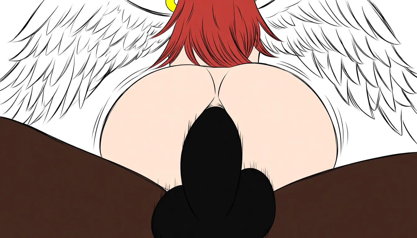 chainsaw_man_style, tatsuki_fujimoto_style

angel_devil_(chainsaw_man): long_red_hair, angel_wings, pale_skin, halo, femboy_(otoko_no_ko).

anal_gay_sex_on_bed: big_black_penis_in_ass, interracial, dark-skinned_male, ass_grab, ass, testicles 

anal grip, anal penis insertion, tight ass, deep_anal 

cowgirl_position, from_behind, on_bed, very_long_penis. bouncing_on_penis
9