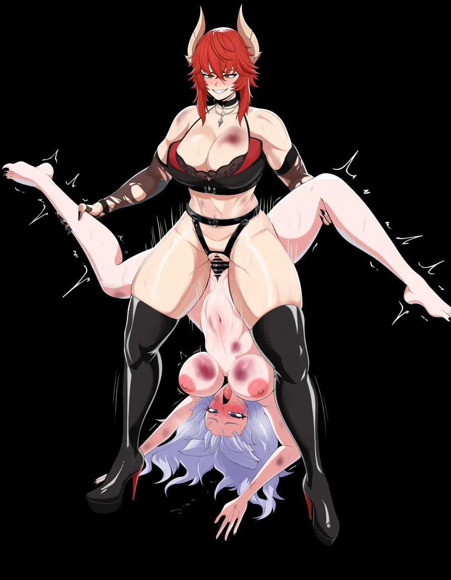 @nerissa_ravencroft , zentreya_(vtuber) , 2girls yuri sex , strap-on wrestling_ring,  orgasm pussy_juice, vaginal_object_insertion defeated,, bruises, Piledriver upside-down leg_grab,,, hentai_studio_quality, hentai_studio_quality, hentai_studio_quality