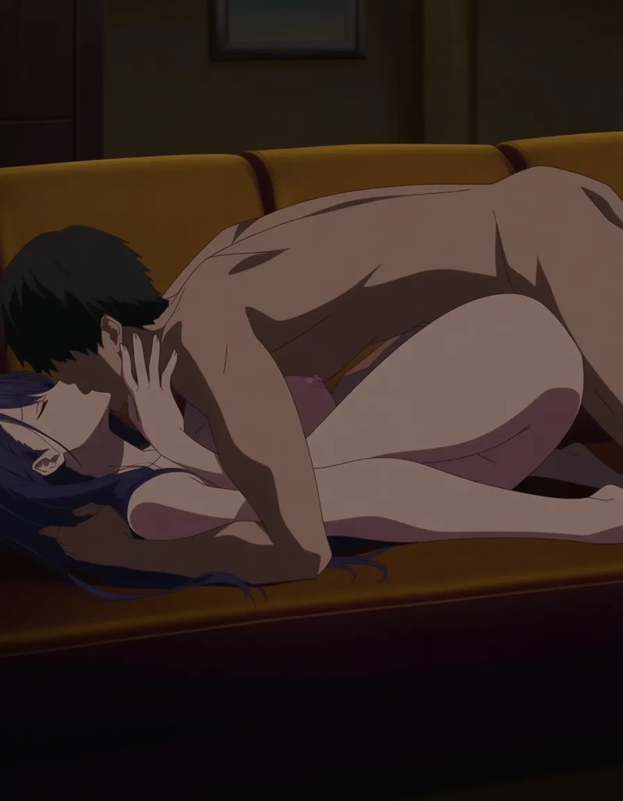 best quality, masterpiece, couple, man is having sex with a woman on the couch, the man is on laying on top of the woman, the woman is on her back with her legs in the air resting on the man's shoulders, livingroom simple_background, hentai_studio_quality, (anime style:1.3), 2d, anime screencap, cel shading, flat color