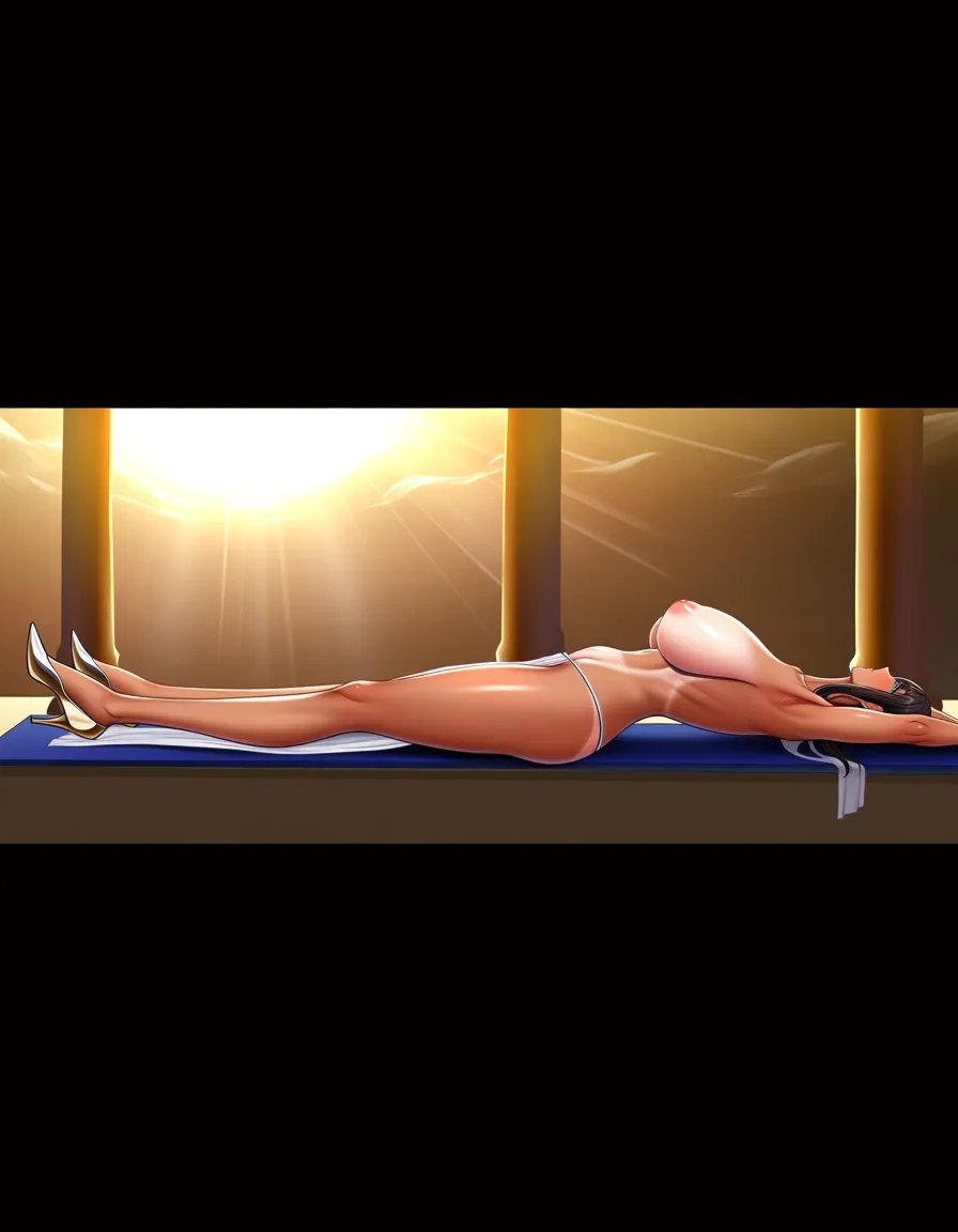 masterpiece, best quality, explicit detail, fantasy, facing_viewer, a tan priestess lies down on her back sunbathing facing the camera, priestess has large sagging breasts that are on display, topless,  priestess only in a see-through loin cloth and high heels, see-through_clothes, high heels, sun bathing, tan, no tanlines, no jewelry, no accessories, fantasy sun temple background, the sun's rays fall onto the woman's skin, sunlight, hentai_studio_quality,, hentai_studio_quality