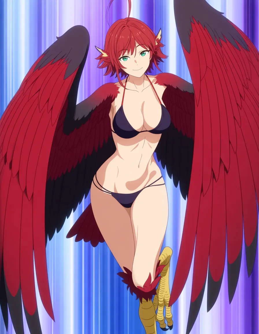 masterpiece, best quality, anime, 1girl, solo, adult harpy woman, petite, narrow waist, delicate feminine features, short hair, hair is {black|brown|red|blonde} color, feathered wings, bird-like lower body, human upper body, large taloned feet, skimpy sexy bikini clothing, {red|black|brown} plummage, powerful wings, athletic but slender, deceptively strong, fantasy creature, full bodyplumage, long hair, beautiful face, expressive eyes, confident gentle expression, athletic physique, toned legs, subtle muscle definition, strong wings, physically capable, carrying strength, elegant fantasy creature, full body, dynamic pose, detailed feathers, detailed eyes, detailed hair, (anime style:1.3), 2d, anime screencap, cel shading, flat color