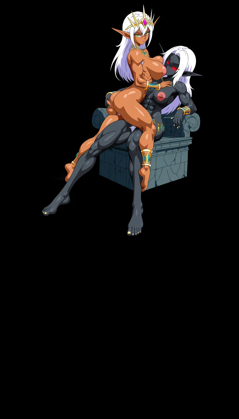 Lesbian, grabbing another's ass, hardcore kissing, domination, dark elf, black skin, large areolae, athletic, muscle tone, indulgent expression, red eyes, red glowing eyes, shining eyes, small breasts, puffy nipples, pointy tits, seductive, saggy breasts, large nipples, white hair, tiara, necklace, gold bracelets, ancient jewelry, jewelry with gems, gold jewelry, white hair, white pubic hair, white armpit hair, sitting on a stone throne, dark fantasy, background onsen cavern, (anime style:1.3), 2d, anime screencap, cel shading, flat color, @00osamio00