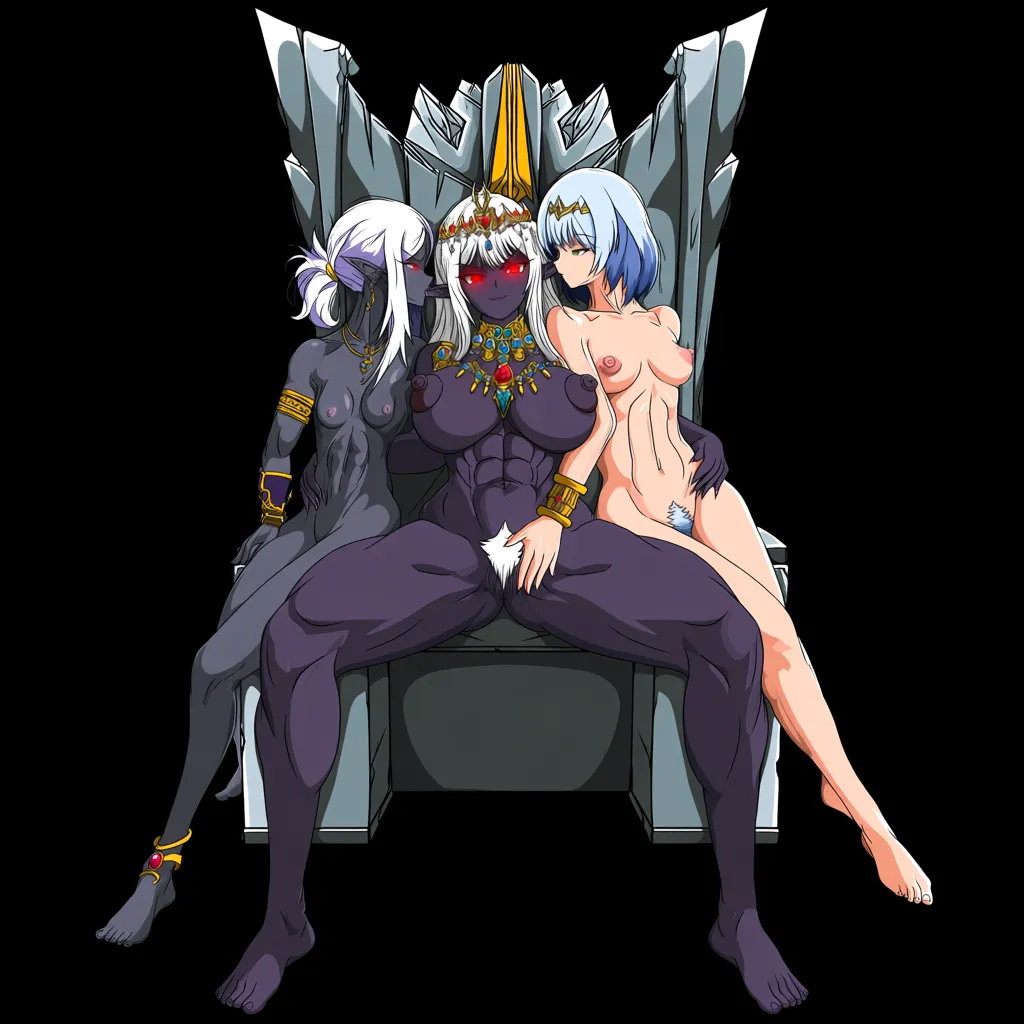 Lesbian, grabbing another's ass, , groping, squeezing, hardcore kissing, domination, dark elf, black skin, toned arms, fit girl, large areolae, athletic, muscle tone, indulgent expression, red eyes, red glowing eyes, shining eyes, small breasts, puffy nipples, pointy tits, seductive, saggy breasts, large nipples, white hair, tiara, necklace, gold bracelets, ancient jewelry, jewelry with gems, gold jewelry, white hair, white pubic hair, white armpit hair, sitting on a stone throne, dark fantasy, background underground onsen cavern, (anime style:1.3), 2d, anime screencap, cel shading, flat color, (anime style:1.3), 2d, anime screencap, cel shading, flat color, @00osamio00, (anime style:1.3), 2d, anime screencap, cel shading, flat color, @00osamio00, hentai_studio_quality, hentai_studio_quality, (anime style:1.3), 2d, anime screencap, cel shading, flat color, @00osamio00, (anime style:1.3), 2d, anime screencap, cel shading, flat color, @00osamio00
