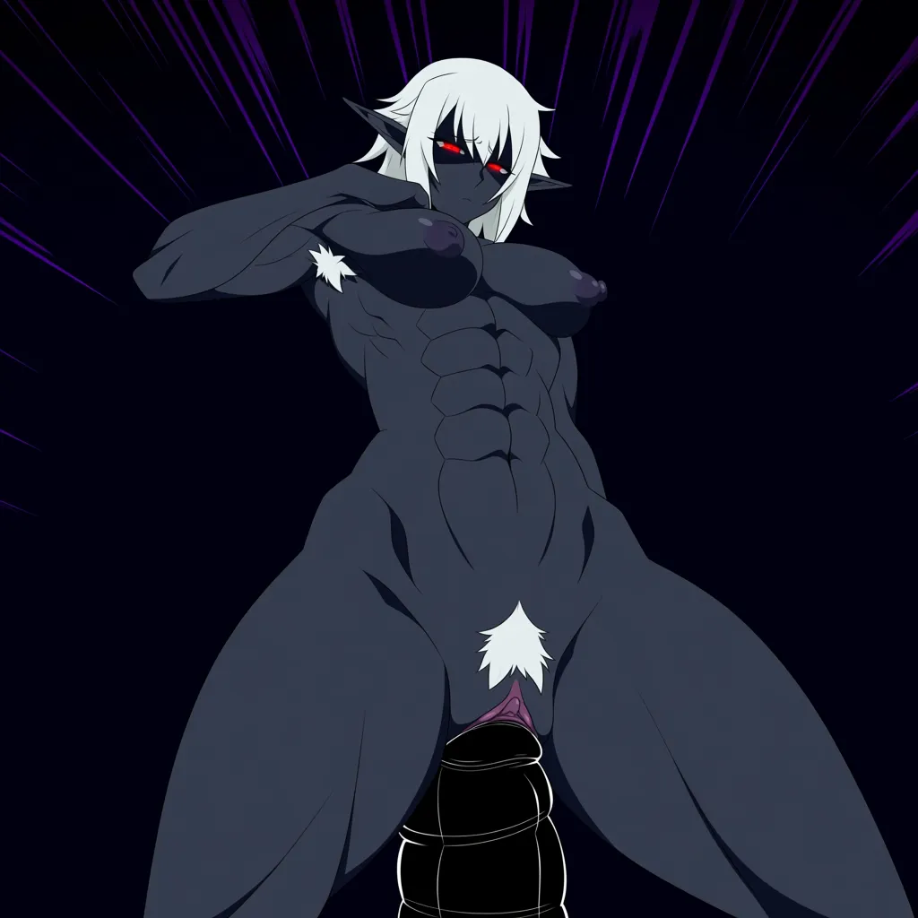 8k, sharp focus, black grey_skin, dark elf, (black skin:1.1), white pubic hair, white armpit hair, athletic, elegant robes, loose robes, long sleeve, muscle tone, (indulgent expression:1), red eyes, red glowing eyes, shining eyes, small breasts, puffy nipples, pointy tits, seductive, saggy breasts, big nipples, white hair, (riding dildo:1), dildo riding, vaginal insertion, big dildo, huge dildo, dragon dildo, orgasm, (she relaxes:1.3), she lowers her hips, darkness