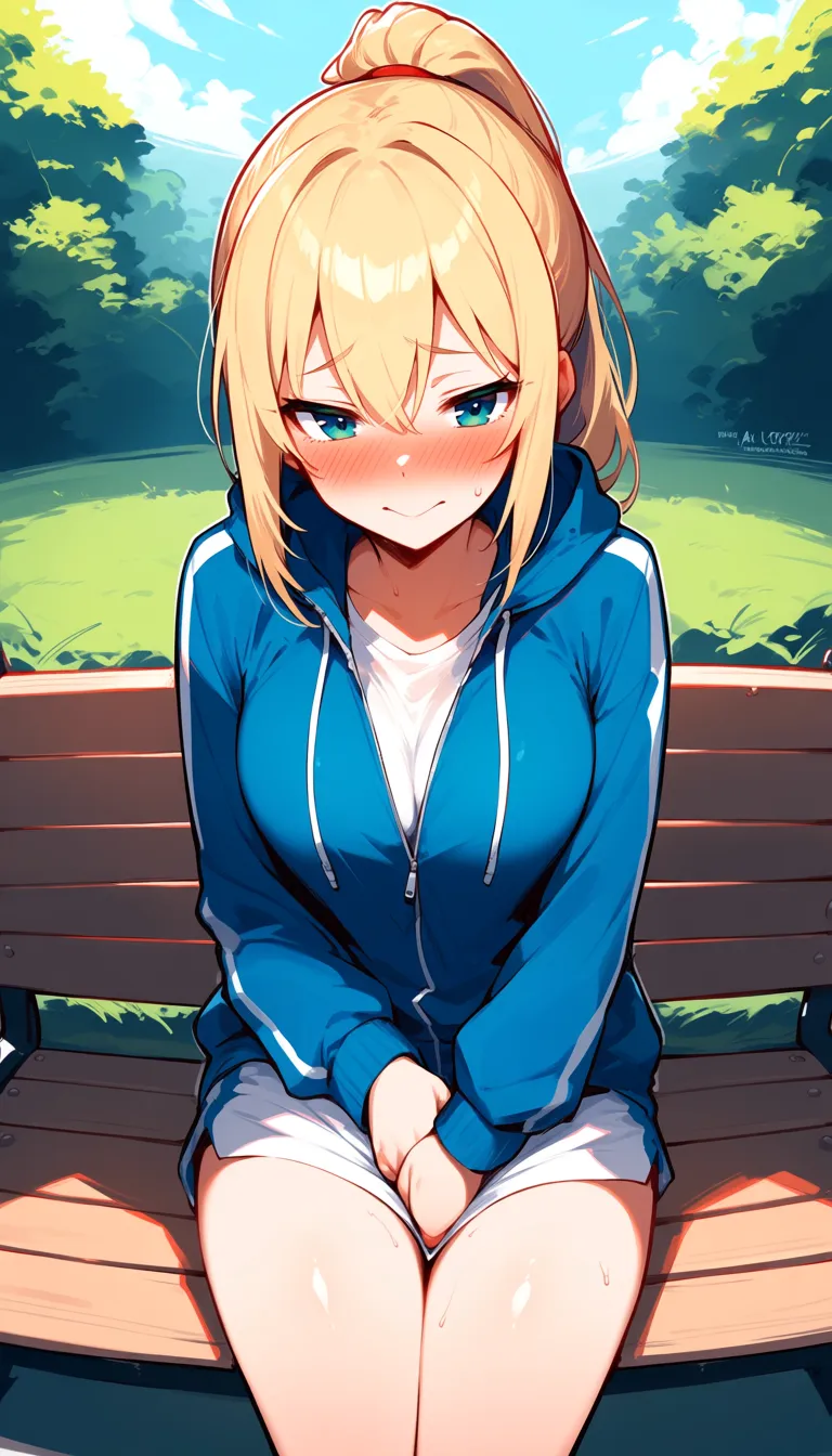femboy, completely_nude, ponytail, small_penis, masturbation, shy, public_indecency, bench, blonde_hair, cute