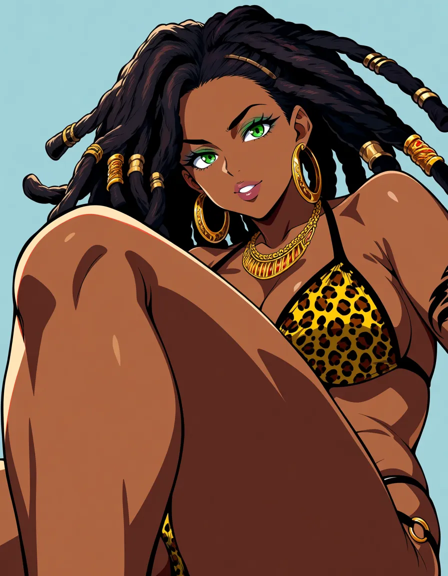 a beautiful, curvaceous African American girl in a leopard print bikini with green eyes, dreadlocks, gold jewelry and some tattoos. She is visible from the knee, emphasize her callipygian figure, hentai_studio_quality