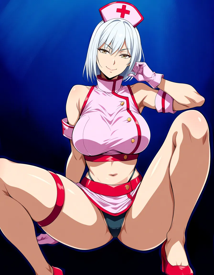 ultra detailed, nurse, spread legs, midriff,hijab, white hair, vivid anime colors, hentai_studio_quality