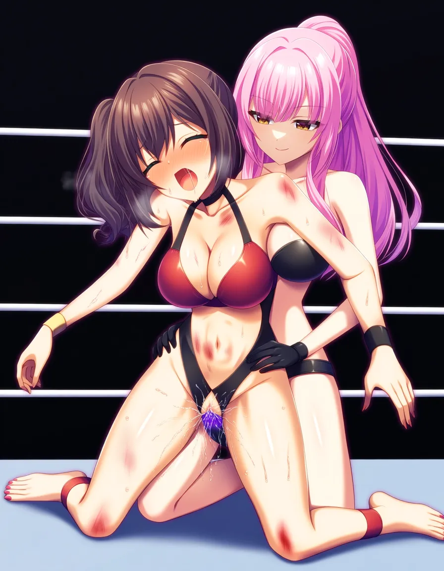 @hyakumantenbara_salome , @raora_panthera-pink_hair, 2girls yuri sex , wrestling_ring, orgasm pussy_juice, defeated,, bruises, strap-on, vaginal_object_insertion,,,,, hentai_studio_quality, hentai_studio_quality