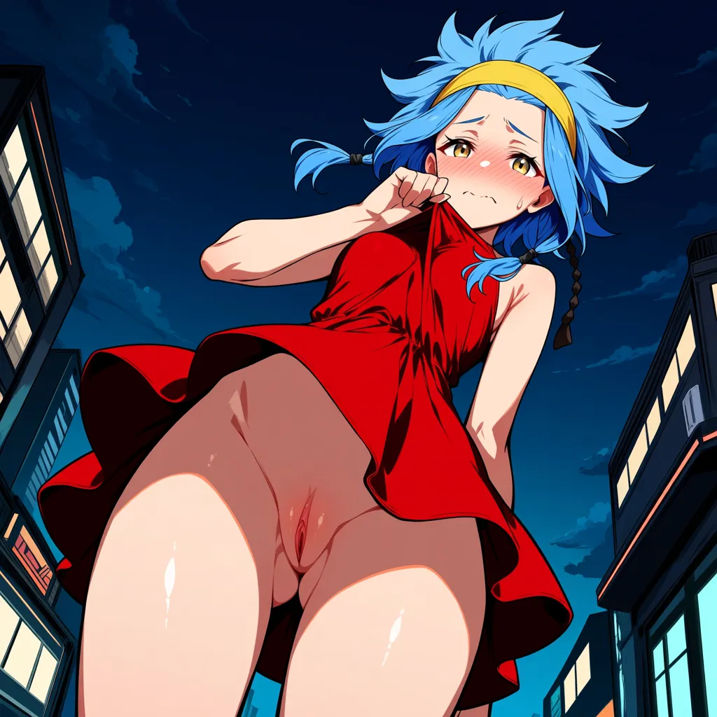 levy mcgarden, exhibitionism, public, shame, short dress, pussy, pulling_own_clothes,, hentai_studio_quality