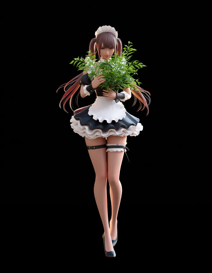 masterpiece, fine detail, maid, missionary, thigh strap, plant, hentai style, score_9, score_8, 3d render, octane render, subsurface scattering, ray tracing, smooth shading