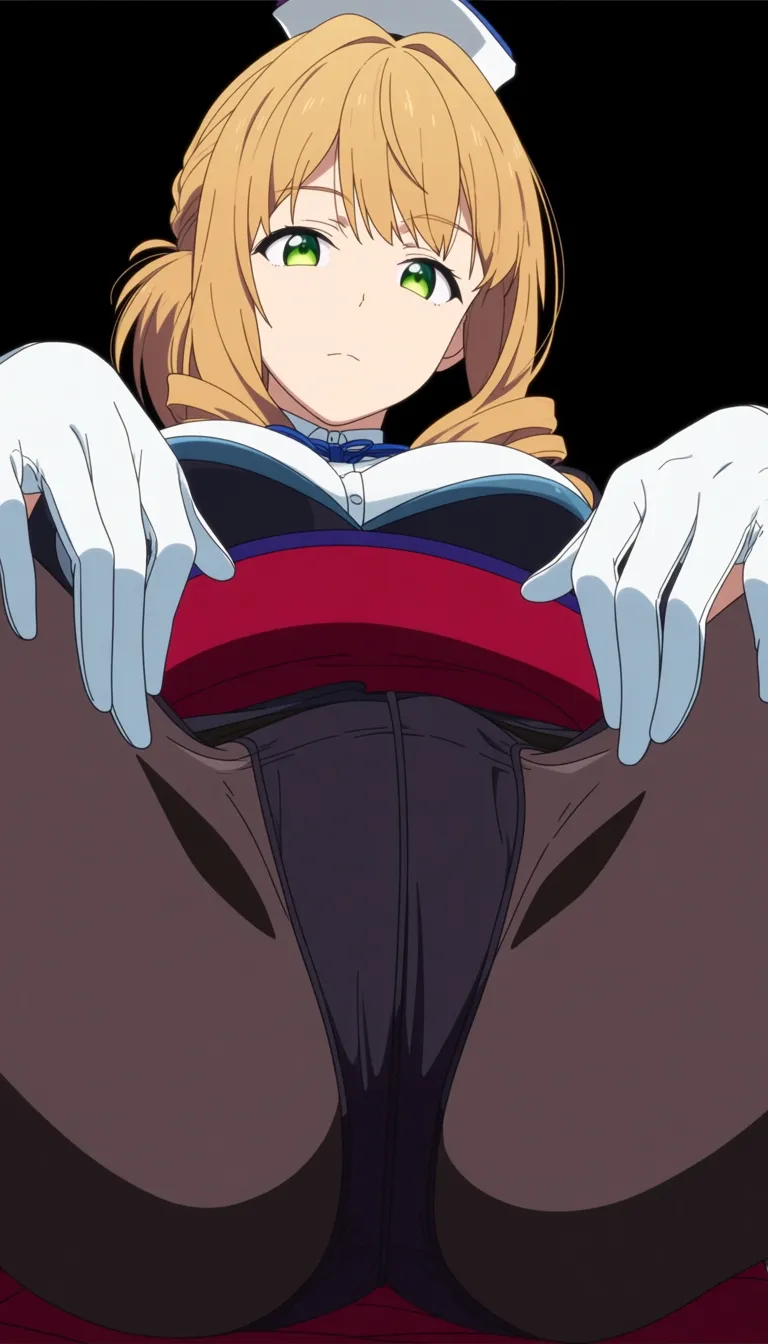 masterpiece, fine detail, solo, white gloves, spread legs, doujin style, (anime style:1.3), 2d, anime screencap, cel shading, flat color