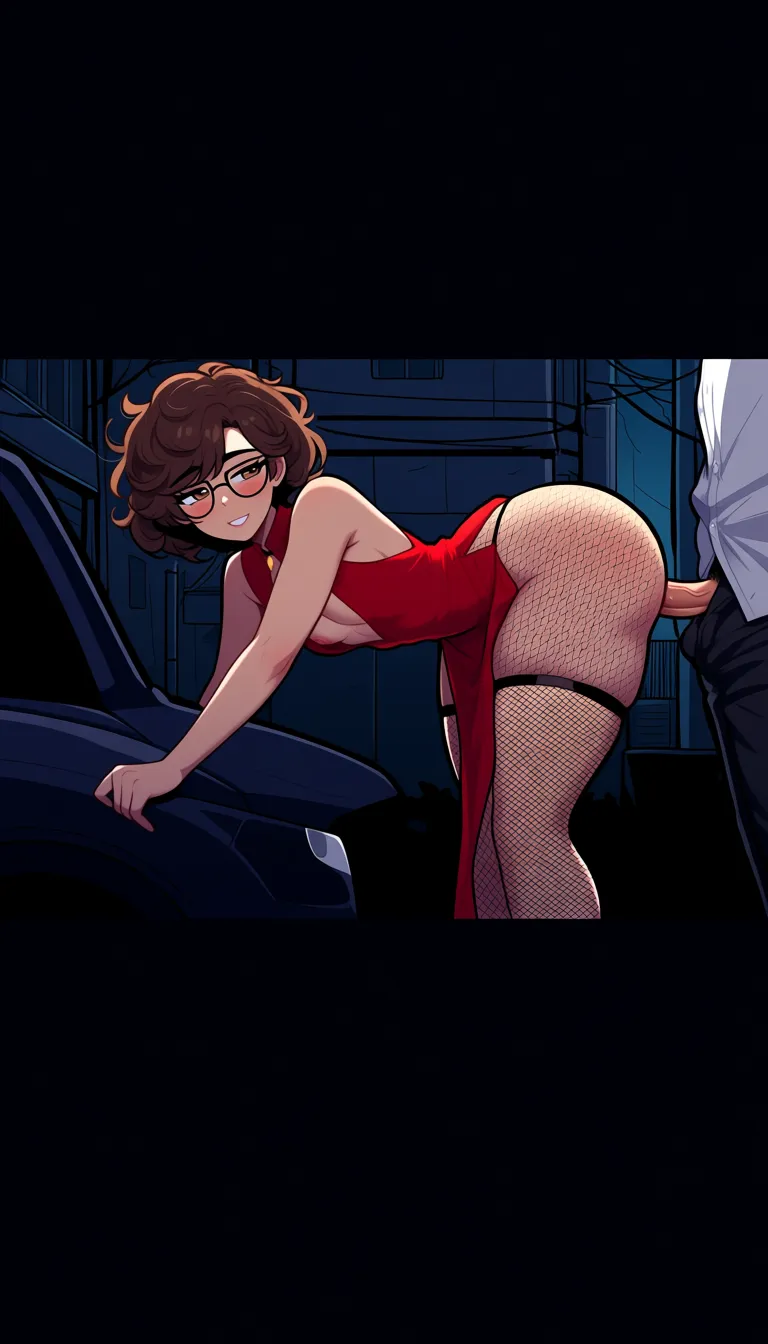 Day(19 year old male with brown curly hair, brown eyes, glasses, slim figure, thick thighs, huge ass, and a small penis wearing nothing but fishnet leggings and a red dress) standing in an alley at night working as a prostitute, being bent over a car hood and fucked in the ass from behind