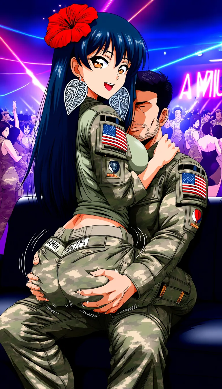 A highly detailed, realistic photo of a beautiful young woman with long dark blue hair, bangs, and a large red flower accessory in her hair, wearing large ornate leaf-shaped silver earrings. She has a bright smiling expression looking back over her right shoulder toward the camera. She has a very busty, curvy figure and is wearing a tight-fitting US Army OCP MultiCam camouflage uniform (short-sleeve shirt with American flag patch on the right shoulder, US Army name tape and unit patch, and matching camouflage cargo pants). She is sitting on the lap of a handsome man with short dark hair and a light beard, actively twerking and grinding her hips against him in a dynamic, bouncing motion. The man is wearing a Jordanian Army camouflage uniform with a Jordan flag patch and Jordanian Army insignia. His hands are firmly gripping her hips and lower back as she rocks and shakes her buttocks against his waist/lap. The scene is set in a lively nightclub with colorful neon lights, other people dancing in the background, a dark couch, and atmospheric club lighting. Photorealistic, sharp details, natural skin texture, realistic fabric folds on the military uniforms, cinematic lighting.