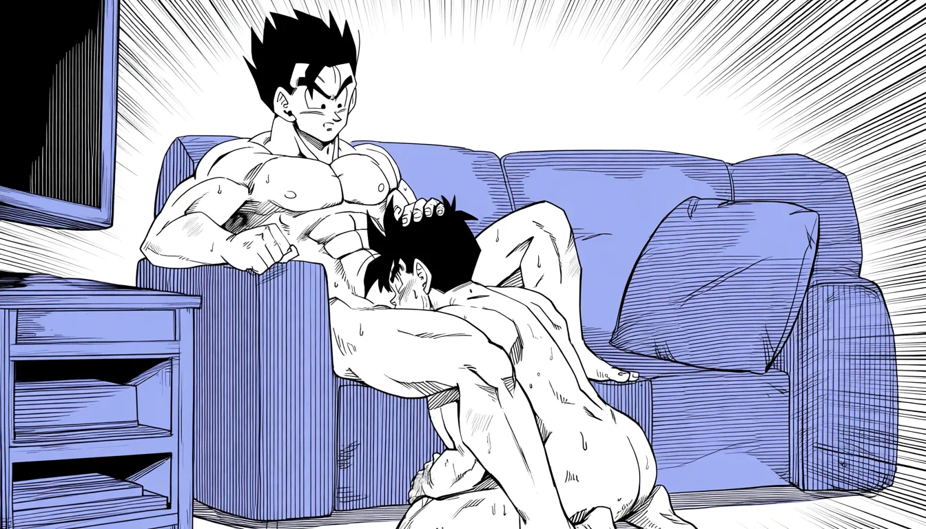Son Gohan, sitting,@Erasa (Dragon ball), nude, kneeling, couch, pillow, fellatio, room
