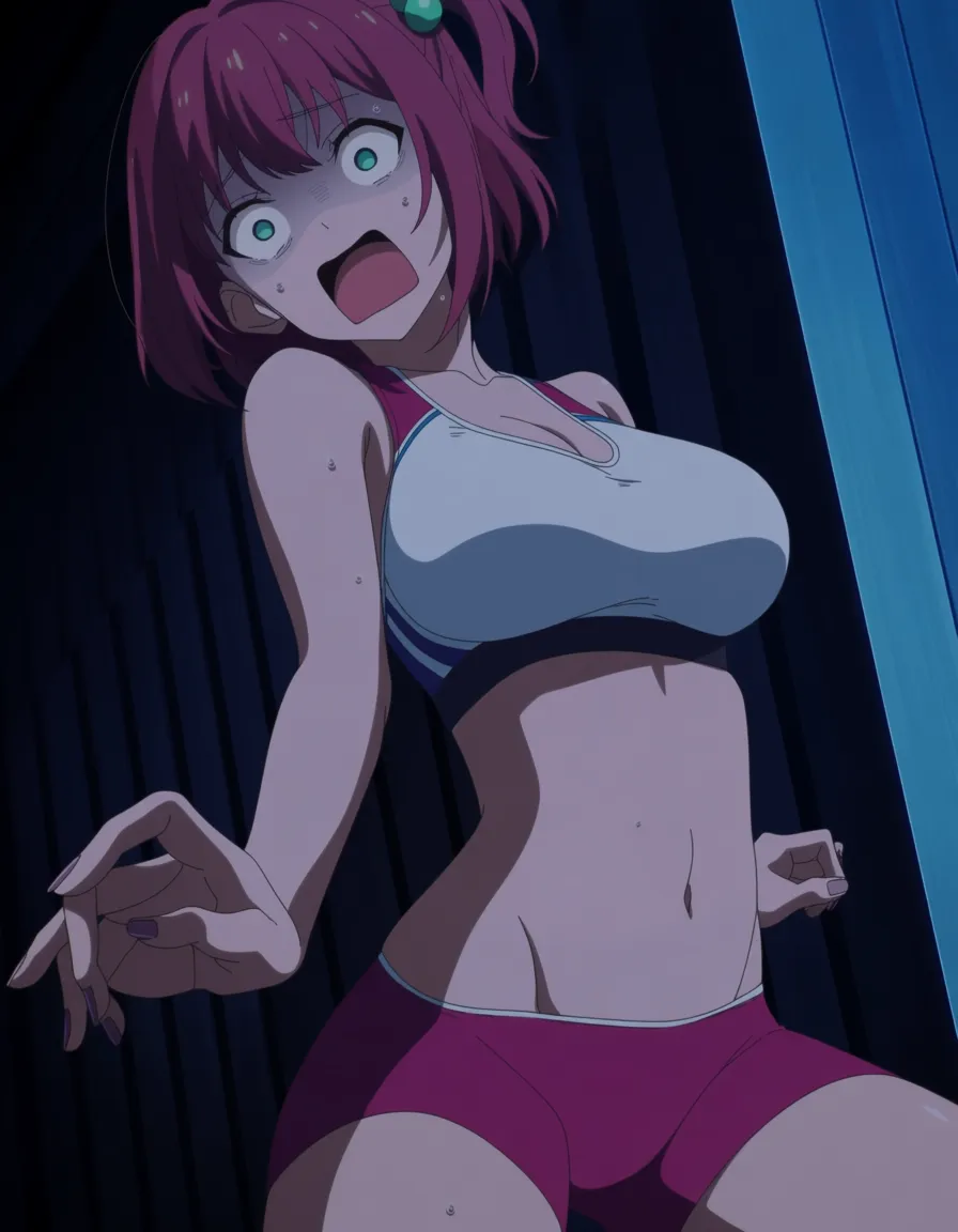 best quality, polished, fitness kemonomimi_mode , creampie, scared , side short_ponytail , visual novel breasts_apart, (anime style:1.3), 2d, anime screencap, cel shading, flat color