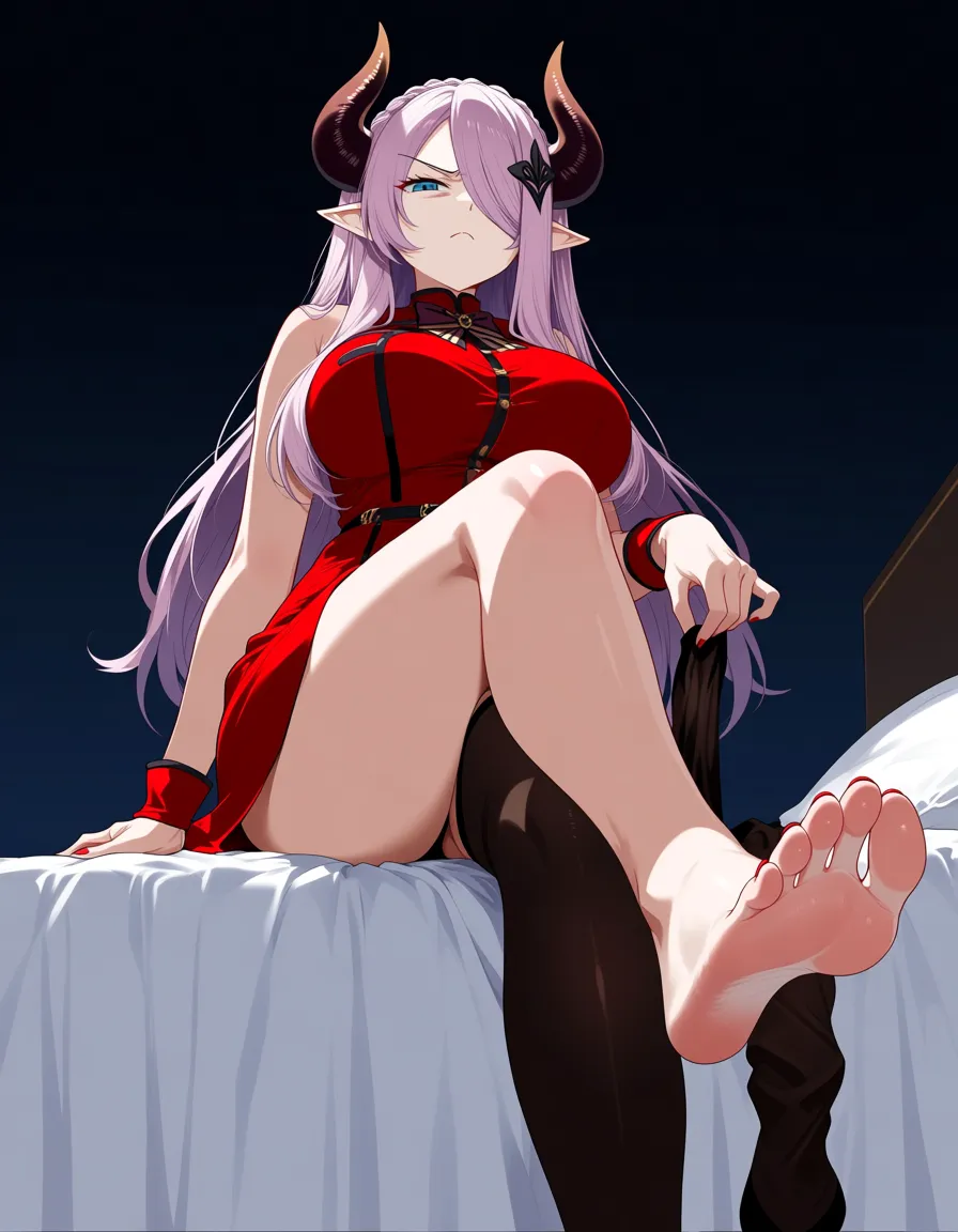Narmaya, fully clothed, sitting on bed , removing sock, feet, barefoot, disgusted look, looking_at_viewer, bottom pov, hentai_studio_quality, five toes, hentai_studio_quality