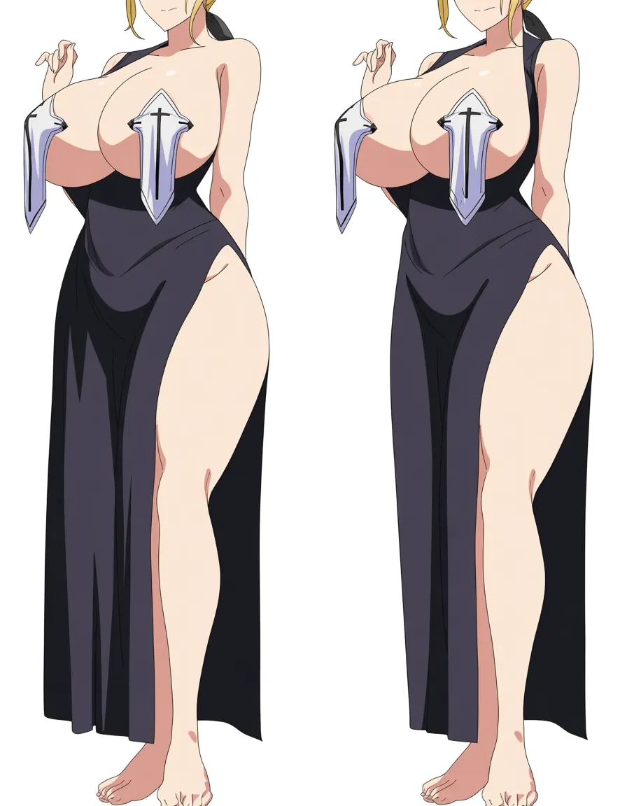 masterpiece, best quality, polished 2D anime hentai, anime style, exactly one adult woman exactly 25 years old, mature face, blonde hair, green eyes, Sister Celes inspired, full body standing head to toe, feet visible. NUN REVEALING POSE. NYUUNOREN (乳暖簾) BREAST CURTAIN COSTUME: two separate WHITE collar flaps, one distinct white flap hanging down over each nipple, each flap has its own BLACK CROSS, the two white cross-marked flaps hang over the nipples while the breasts are exposed around and below them; NOT a neck collar, not one single collar. Large robe with BIG OPEN SIDE SLITS on both sides, side slits clearly exposing thick thighs and hips. BLACK THIGH-HIGH STOCKINGS clearly visible on both legs from mid-thigh to feet. Body slightly turned and angled. One hand raised touching her own breast. Embarrassed yet seductive shy gaze looking at viewer. Huge breasts, thick thighs, full body, NSFW., (anime style:1.3), 2d, anime screencap, cel shading, flat color