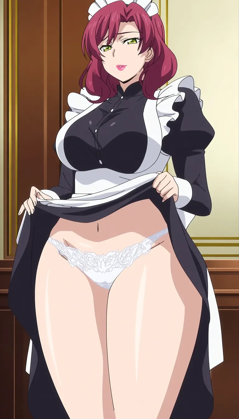 anime style elegant mature maid woman, plump full lips, makeup, soft stomach, thick soft thighs, wide hips, big soft chest, maid outfit, slowly lifting skirt, revealing white lacy panties, shot of her full body, in a bedroom