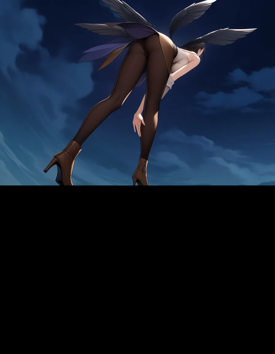 sharp focus, 8k uhd, mature female, brown footwear, wings, bent over, cloudy sky, from below, film photography, hentai_studio_quality
