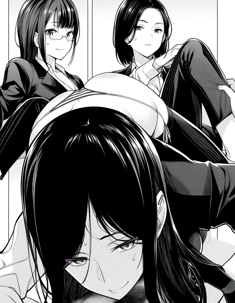masterpiece, fine detail, office lady, pants, 69 position, confident gaze, manga panel look striped_clothes striped_panties cum_in_pussy cumdrip 4girls no_panties school_uniform school, hentai_studio_quality
