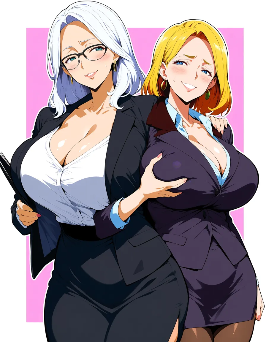 two mature woman huge_breasts one with White hair, glasses, and office attire on. And the other with strawberry blonde hair, also with office attire on, groping the other pervertedly, hentai_studio_quality