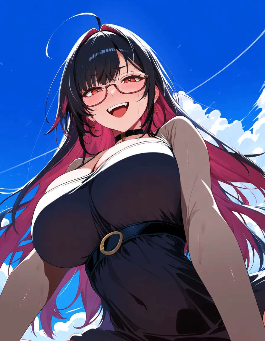 highres, vivid, milf, glasses, dress, missionary, cloudy sky, playful expression, anime style, hentai_studio_quality
