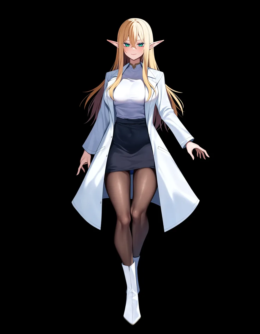 highly detailed, natural lighting, princess, white footwear, long sleeves, ultra realistic, elf, confident gaze, hyperrealistic, @makise_kurisu, science_fiction, lab_coat, time_machine, hentai_studio_quality