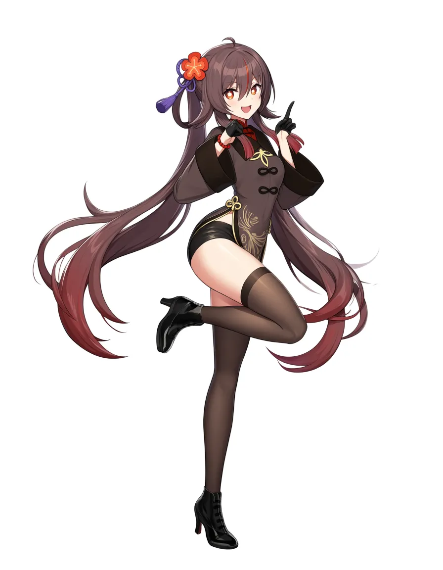 absurdres, highres, princess, leg up, black footwear, streaked hair, white background, explicit anime render, hentai_studio_quality, hu tao, hentai_studio_quality