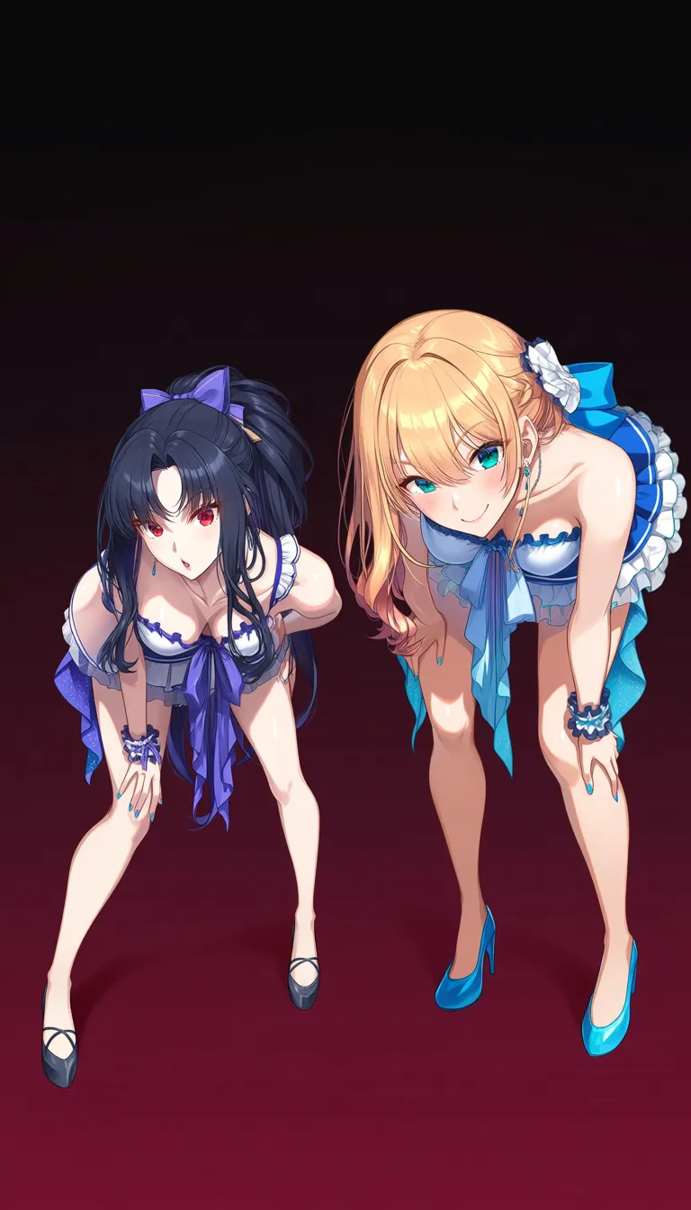 ultra detailed shading, 2girls, frills, bent over, visual novel art, hentai_studio_quality