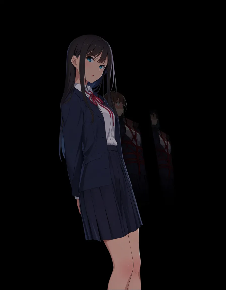 masterpiece, fine detail, 6+girls, skirt, bondage, three-quarter view, explicit anime render, hentai_studio_quality